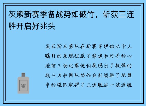 灰熊新赛季备战势如破竹，斩获三连胜开启好兆头